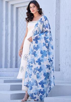 Off White Embroidered Cotton Straight Kurta Sets