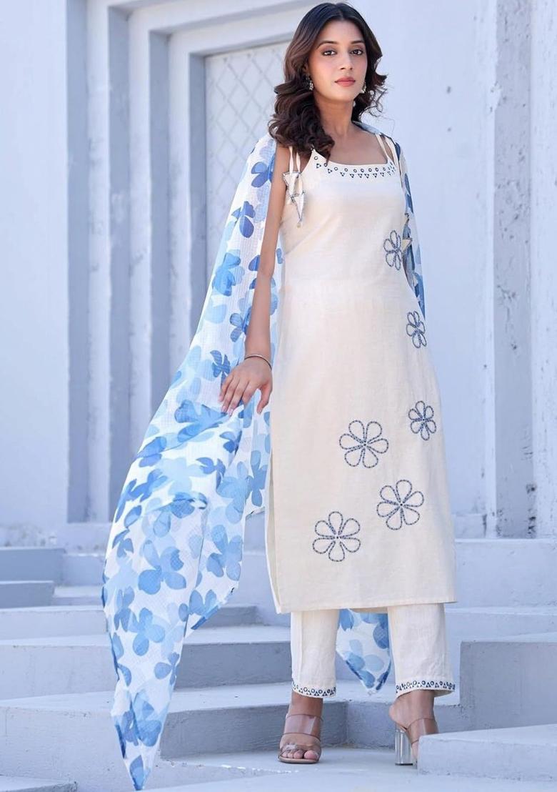 Off White Embroidered Cotton Straight Kurta Sets - Indya
