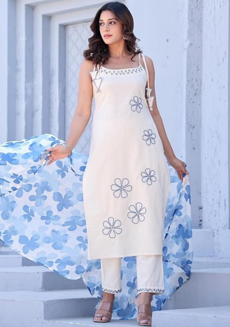 Off White Embroidered Cotton Straight Kurta Sets - Indya