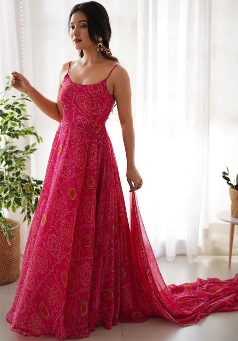 Pink Printed Georgette Anarkali Sets — view on Indya