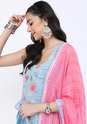 Blue Printed Cotton Straight Kurta Sets