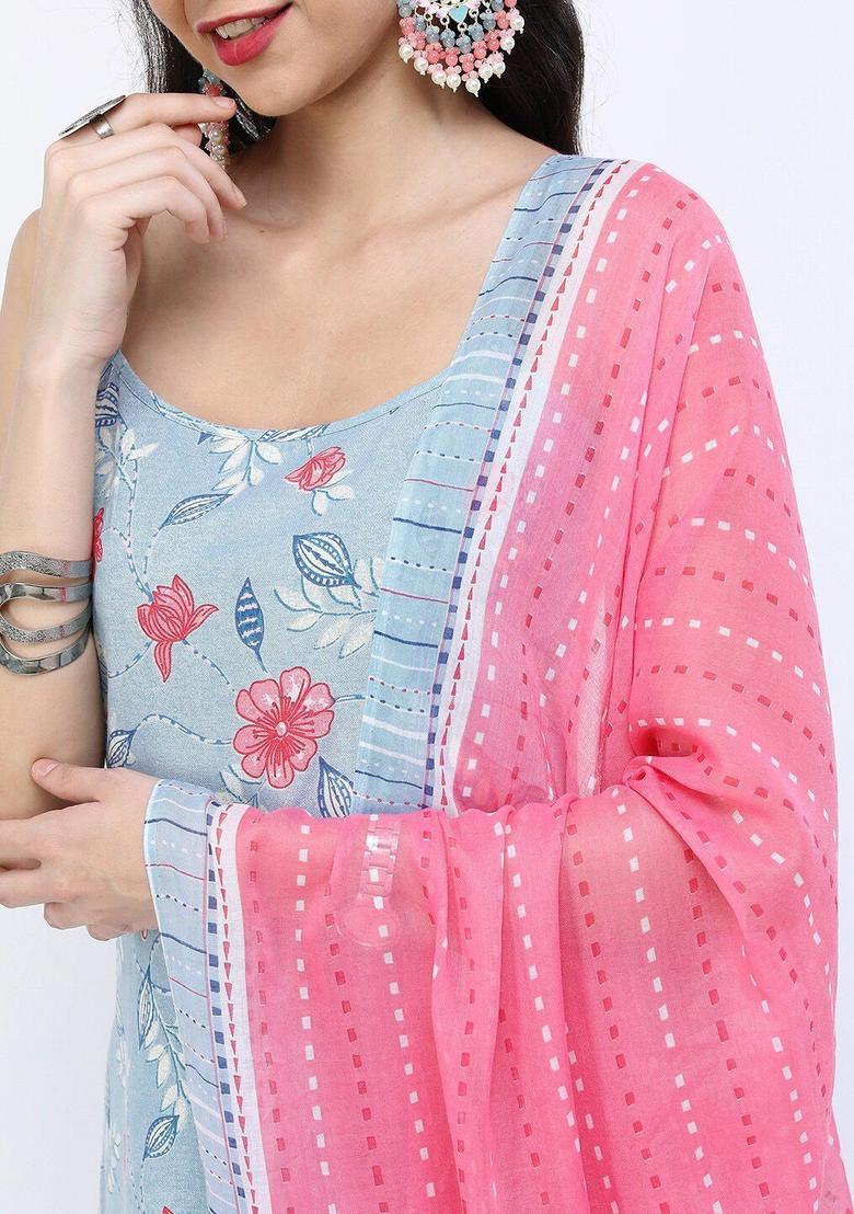 Blue Printed Cotton Straight Kurta Sets - Indya