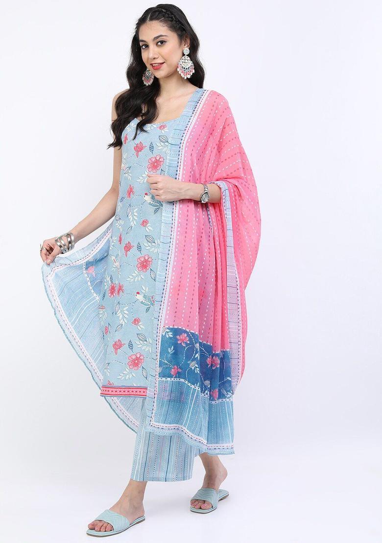 Blue Printed Cotton Straight Kurta Sets - Indya