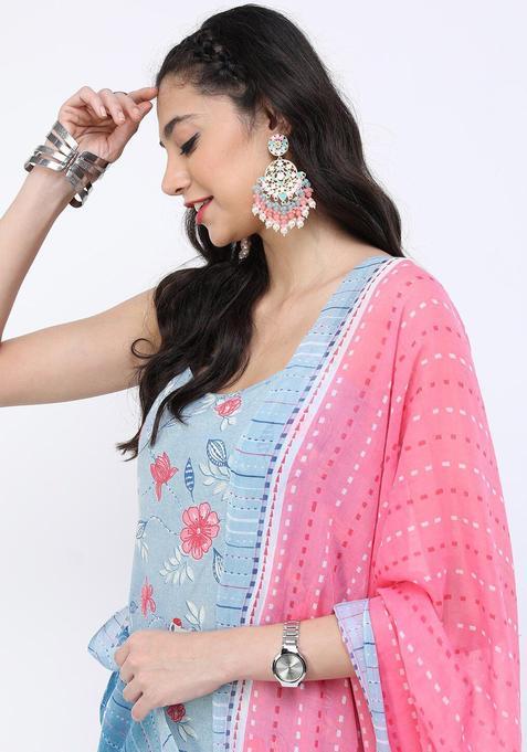 Blue Printed Cotton Straight Kurta Sets — view on Indya