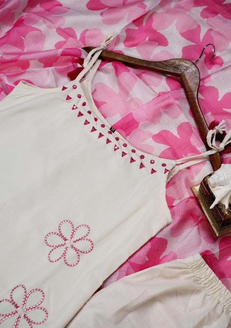 Off White Embroidered Viscose Straight Kurta Sets - Indya