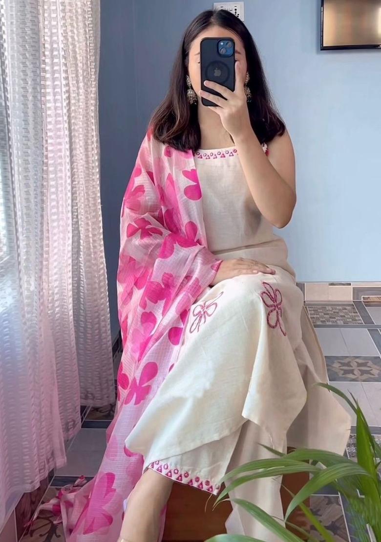 Off White Embroidered Viscose Straight Kurta Sets - Indya