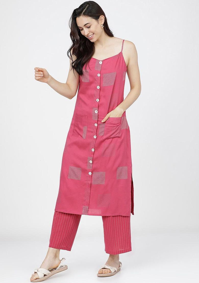 Pink Printed Viscose Straight Kurta Sets - Indya