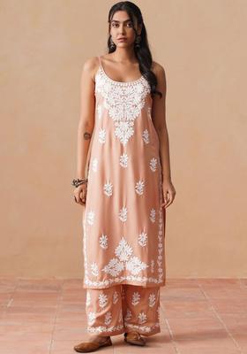 Peach Embroidered Viscose Straight Kurta Sets