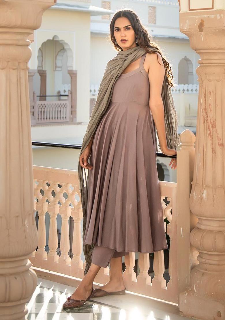 Pink Solid Cotton A Line Kurta Sets - Indya