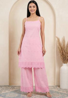 Pink Embroidered Cotton Straight Kurta Sets