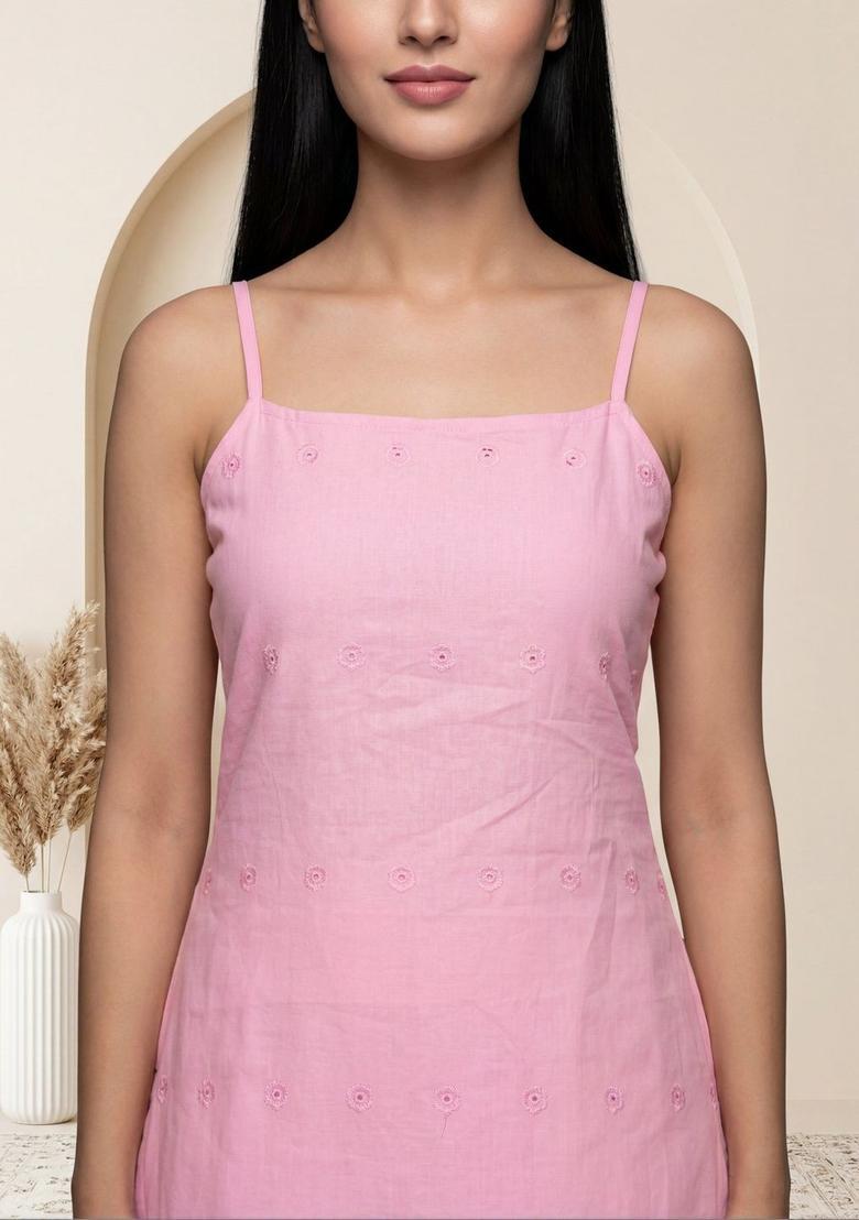 Pink Embroidered Cotton Straight Kurta Sets - Indya