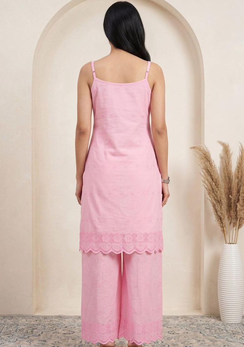 Pink Embroidered Cotton Straight Kurta Sets - Indya