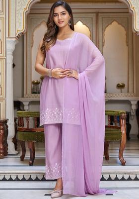 Lavender Embroidered Viscose Straight Kurta Sets