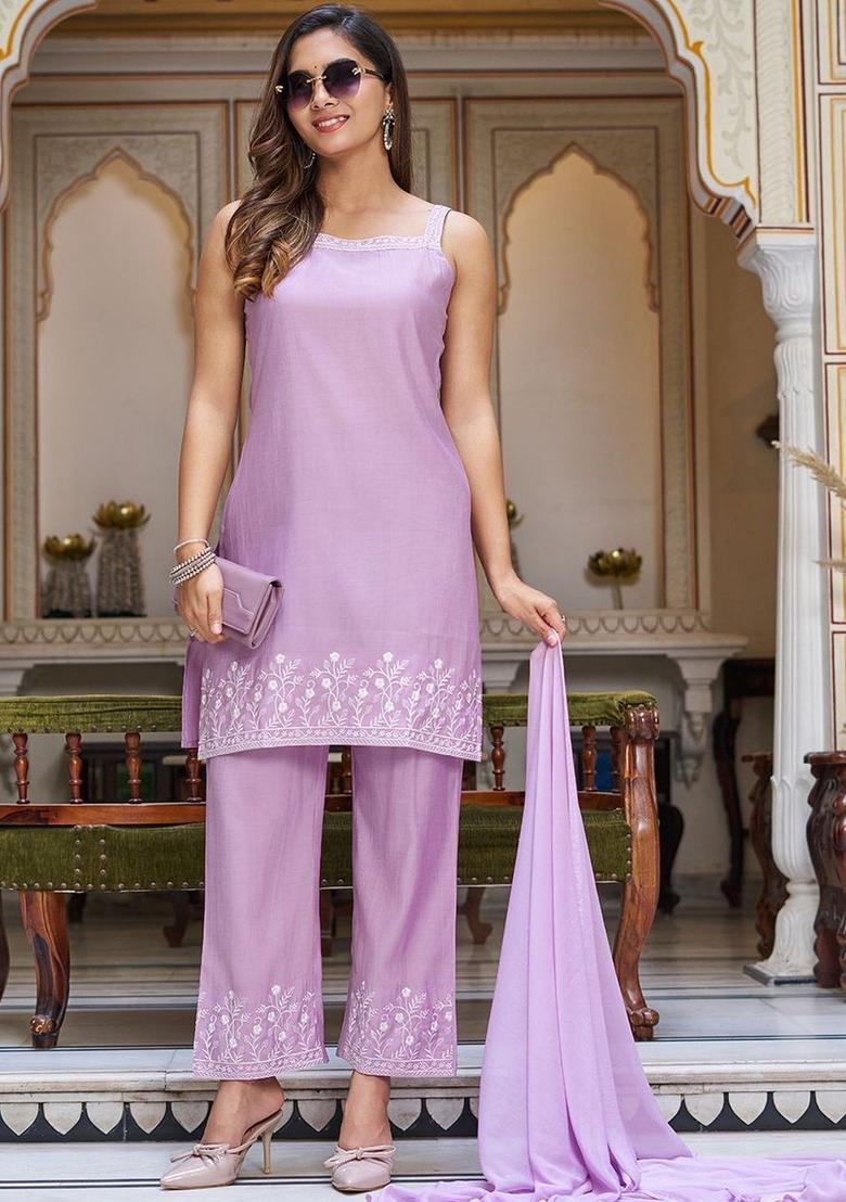 Lavender Embroidered Viscose Straight Kurta Sets - Indya