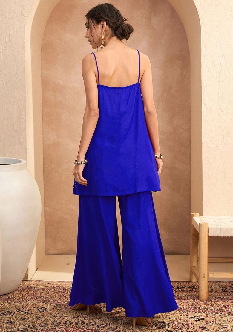 Blue Embroidered Viscose Straight Kurta Sets - Indya