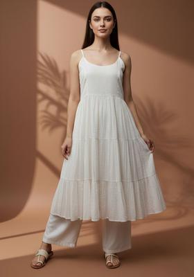 Off White Solid Cotton A Line Kurta Sets