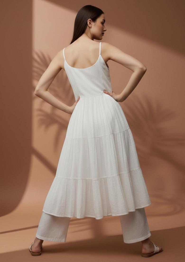 Off White Solid Cotton A Line Kurta Sets - Indya