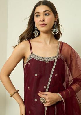 Maroon Embroidered Georgette Straight Kurta Sets