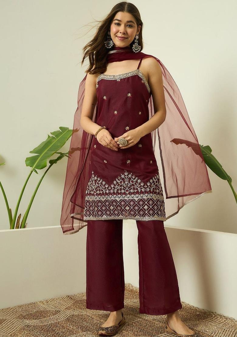 Maroon Embroidered Georgette Straight Kurta Sets - Indya