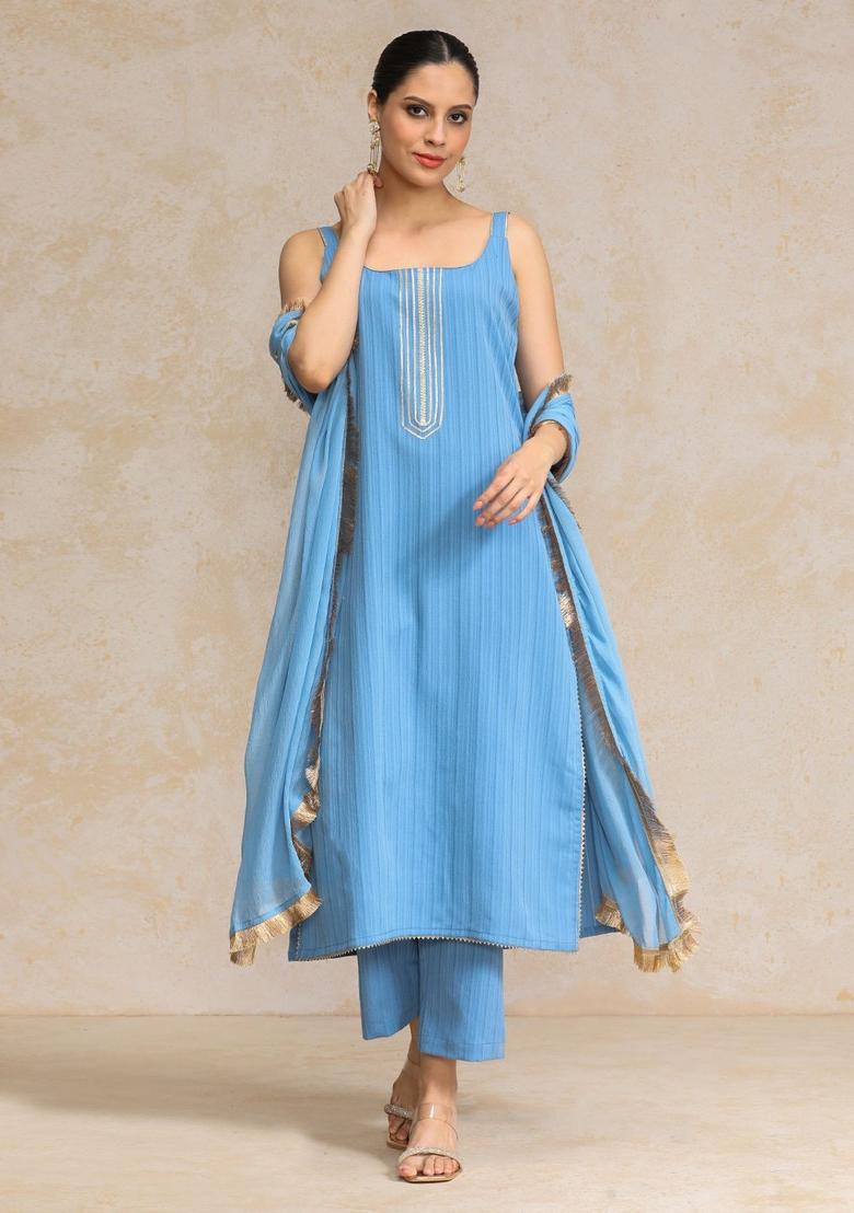 Blue Embroidered Silk Straight Kurta Sets - Indya