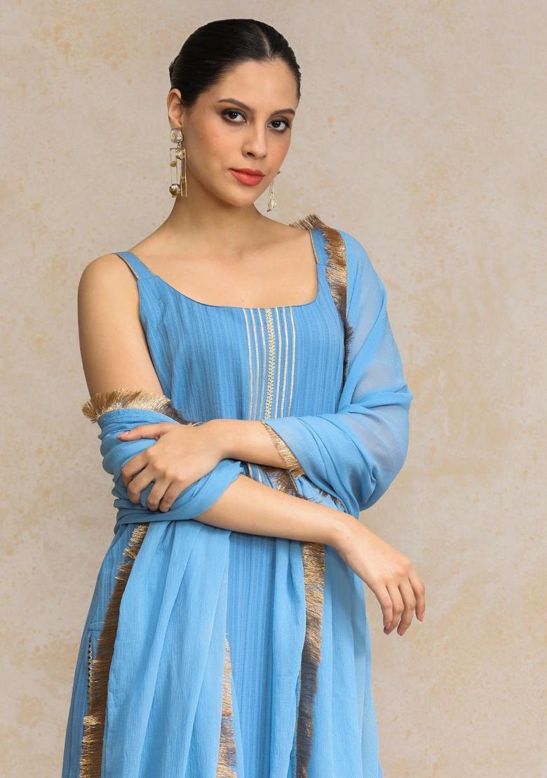 Blue Embroidered Silk Straight Kurta Sets - Indya