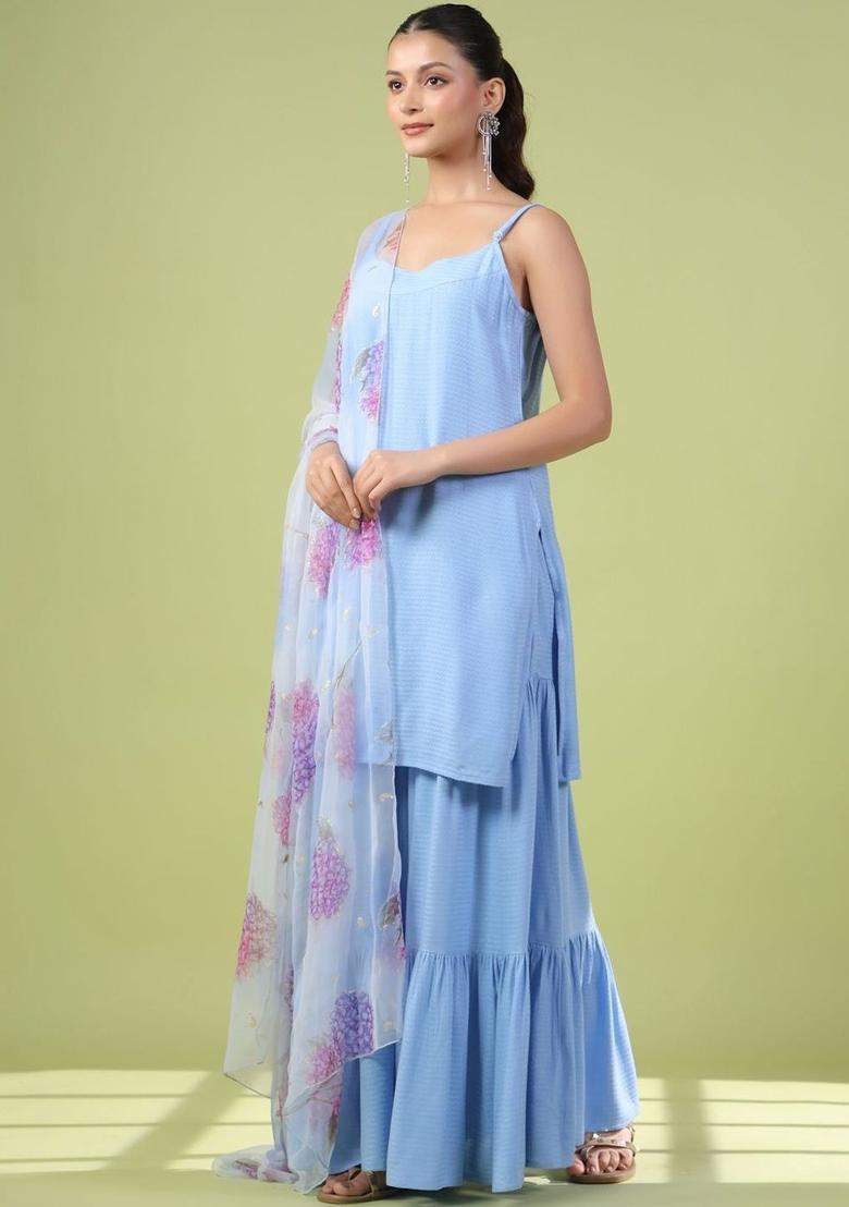 Blue Solid Viscose Straight Kurta Sets - Indya