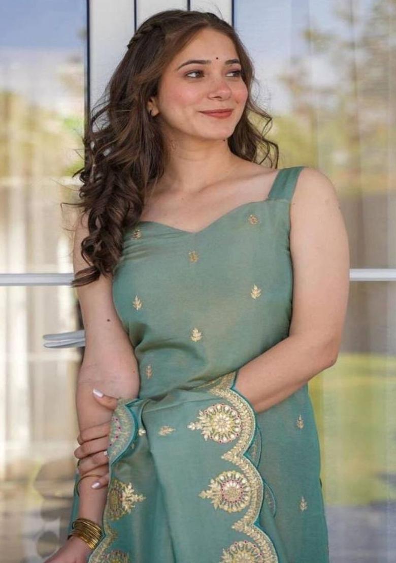 Sea Green Embroidered Silk Straight Kurta Sets - Indya