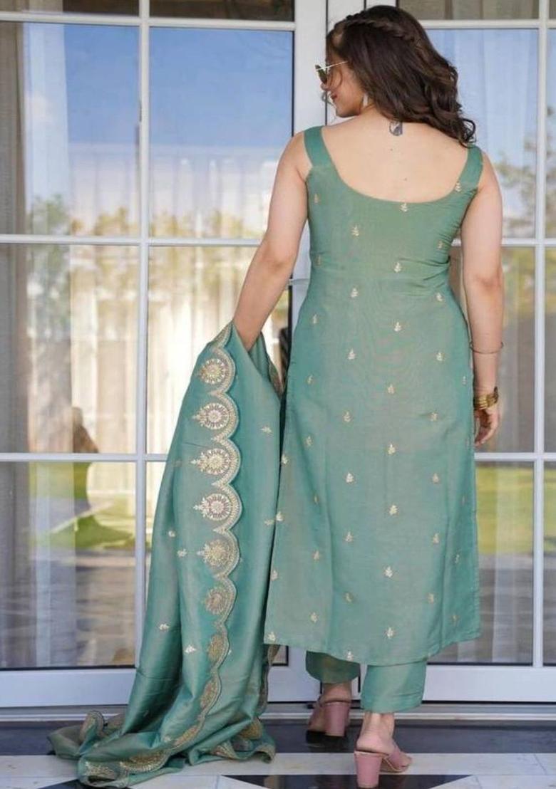 Sea Green Embroidered Silk Straight Kurta Sets - Indya