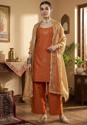 Orange Embroidered Silk Straight Kurta Sets