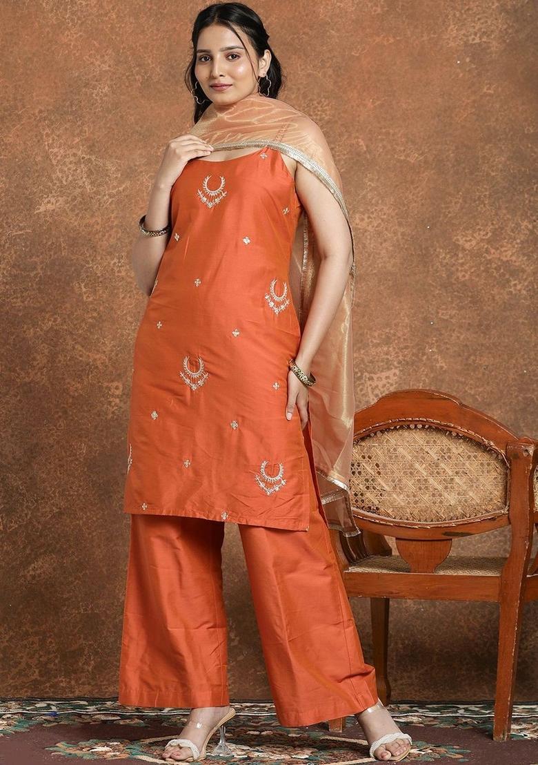 Orange Embroidered Silk Straight Kurta Sets - Indya