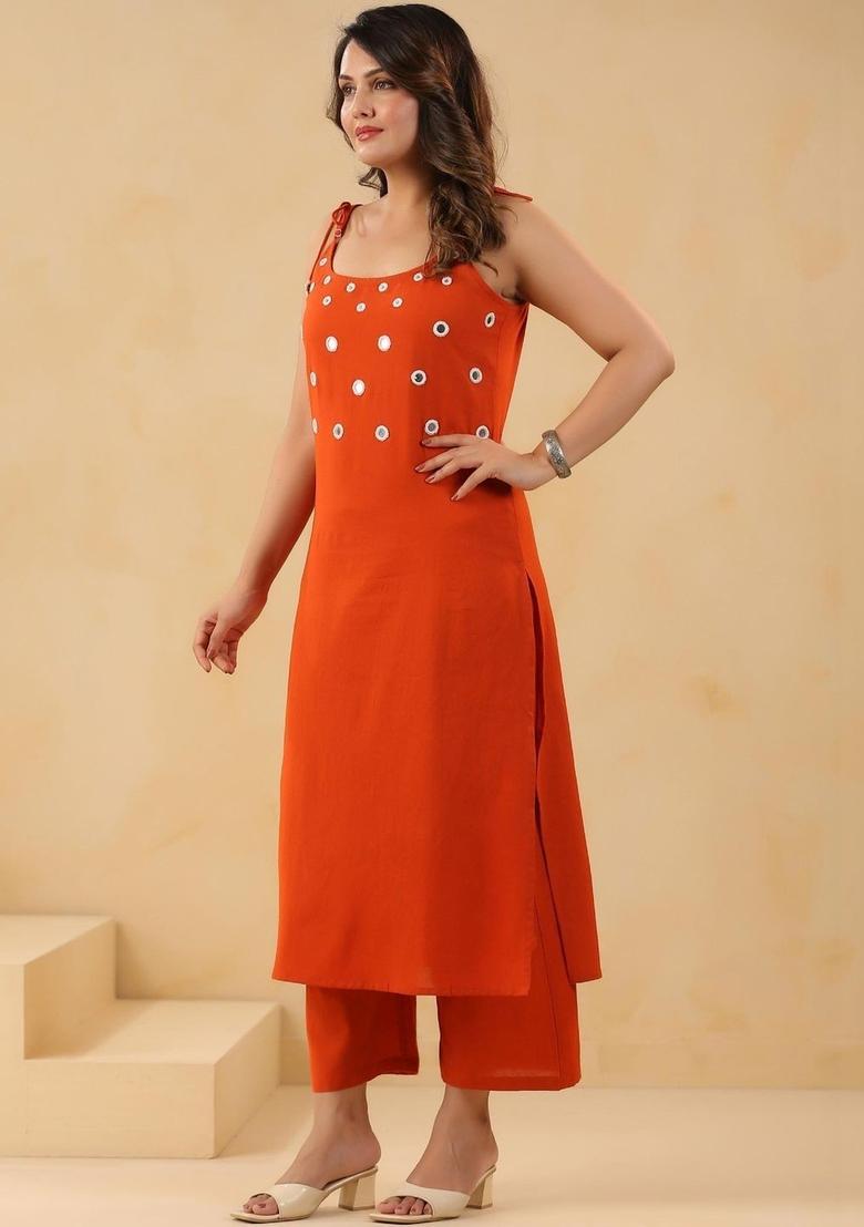 Orange Solid Cotton Straight Kurta Sets - Indya