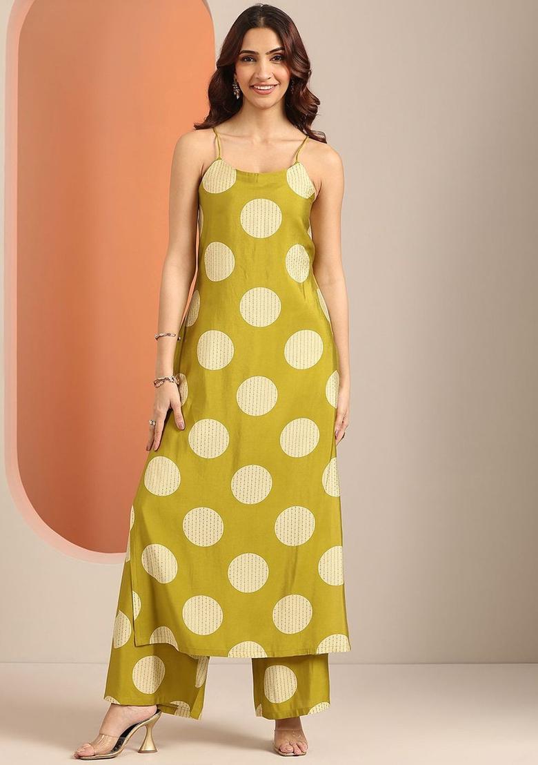 Green Printed Silk Straight Kurta Sets - Indya