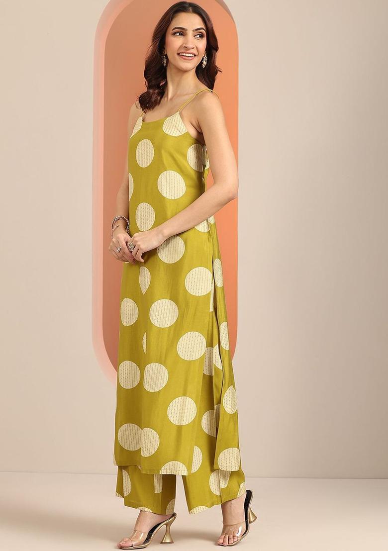Green Printed Silk Straight Kurta Sets - Indya