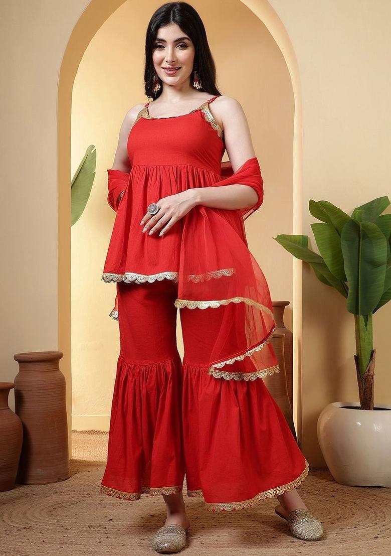 Red Solid Cotton A Line Kurta Sets - Indya