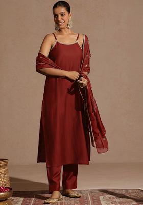 Maroon Solid Silk A Line Kurta Sets