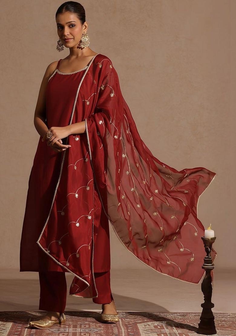 Maroon Solid Silk A Line Kurta Sets - Indya