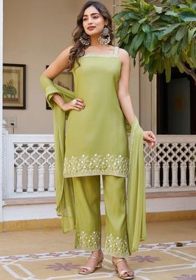 Olive Embroidered Viscose Straight Kurta Sets
