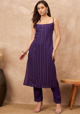 Purple Printed Silk A Line Kurta Sets