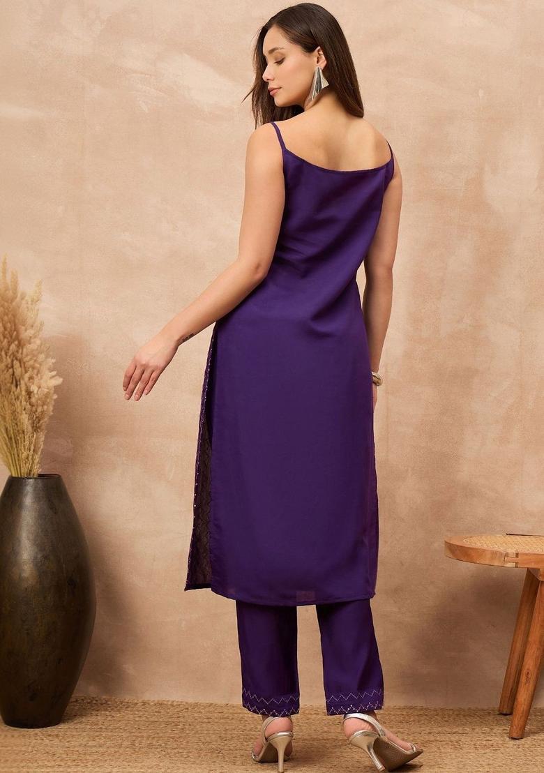 Purple Printed Silk A Line Kurta Sets - Indya