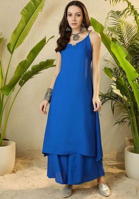 Blue Solid Viscose A Line Kurta Sets
