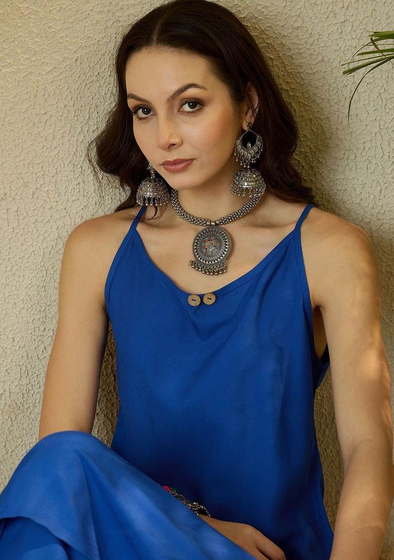 Blue Solid Viscose A Line Kurta Sets - Indya