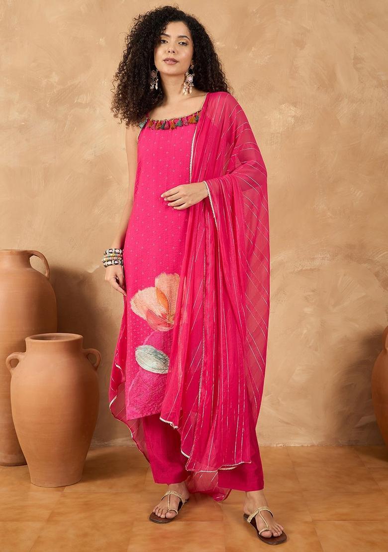 Fuchsia Printed Silk Straight Kurta Sets - Indya