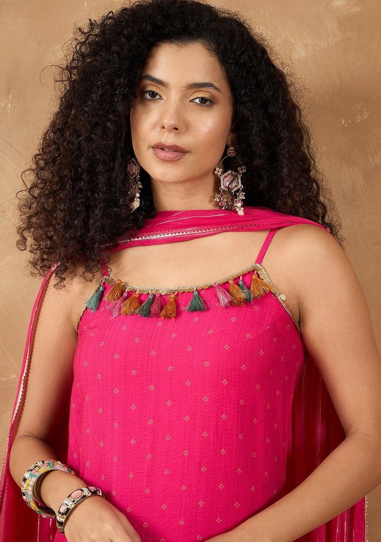 Fuchsia Printed Silk Straight Kurta Sets - Indya