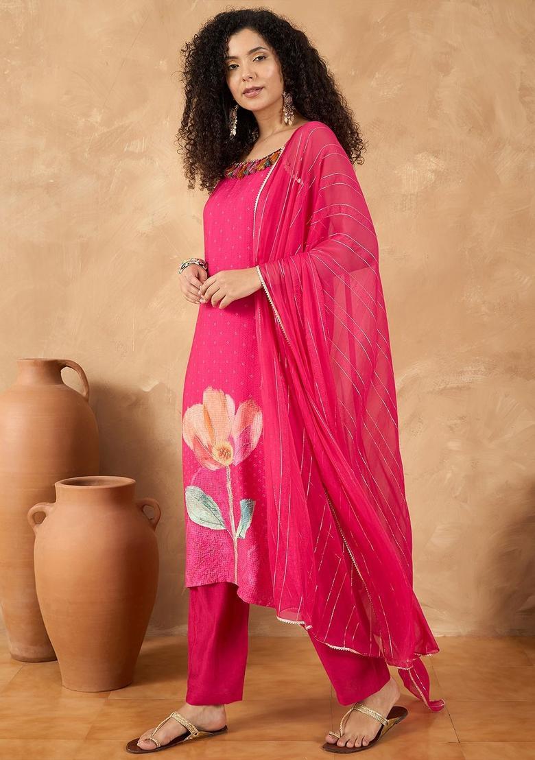 Fuchsia Printed Silk Straight Kurta Sets - Indya