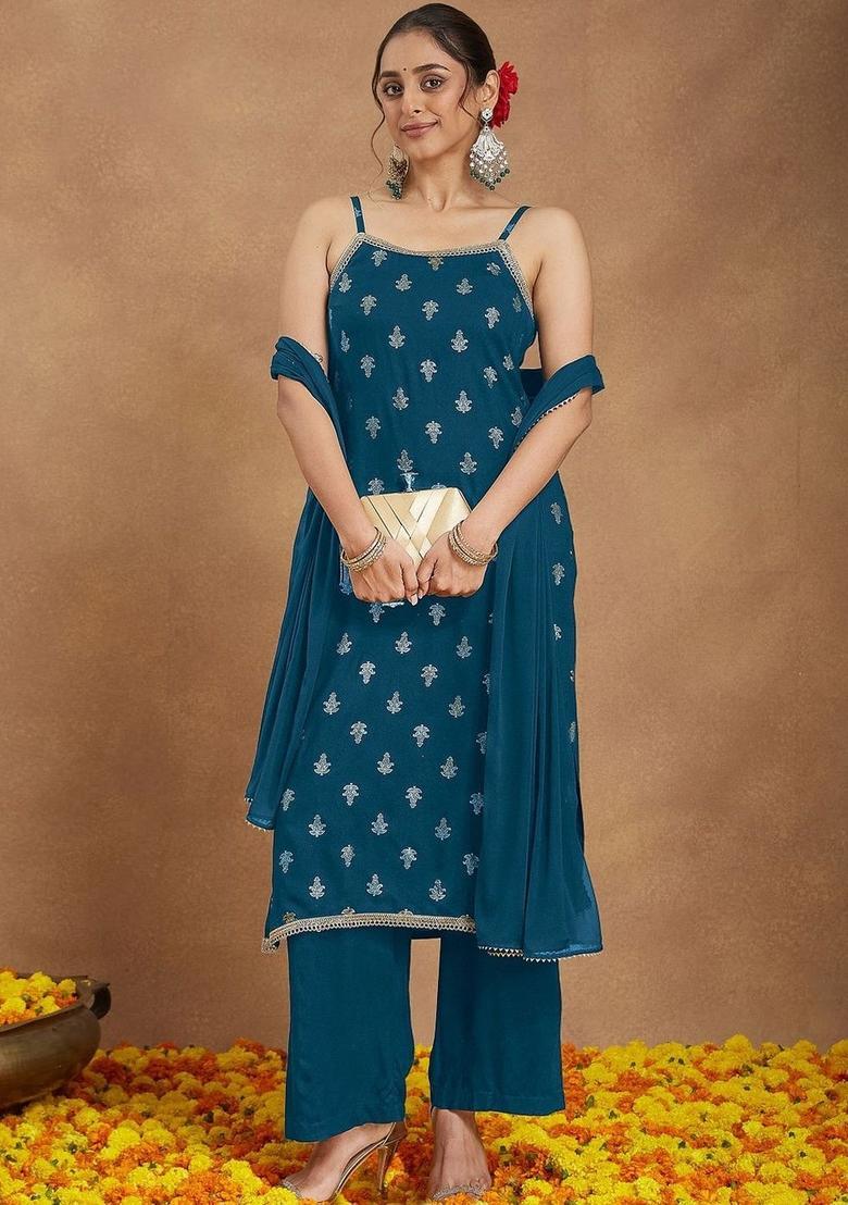Teal Embroidered Viscose Straight Kurta Sets - Indya
