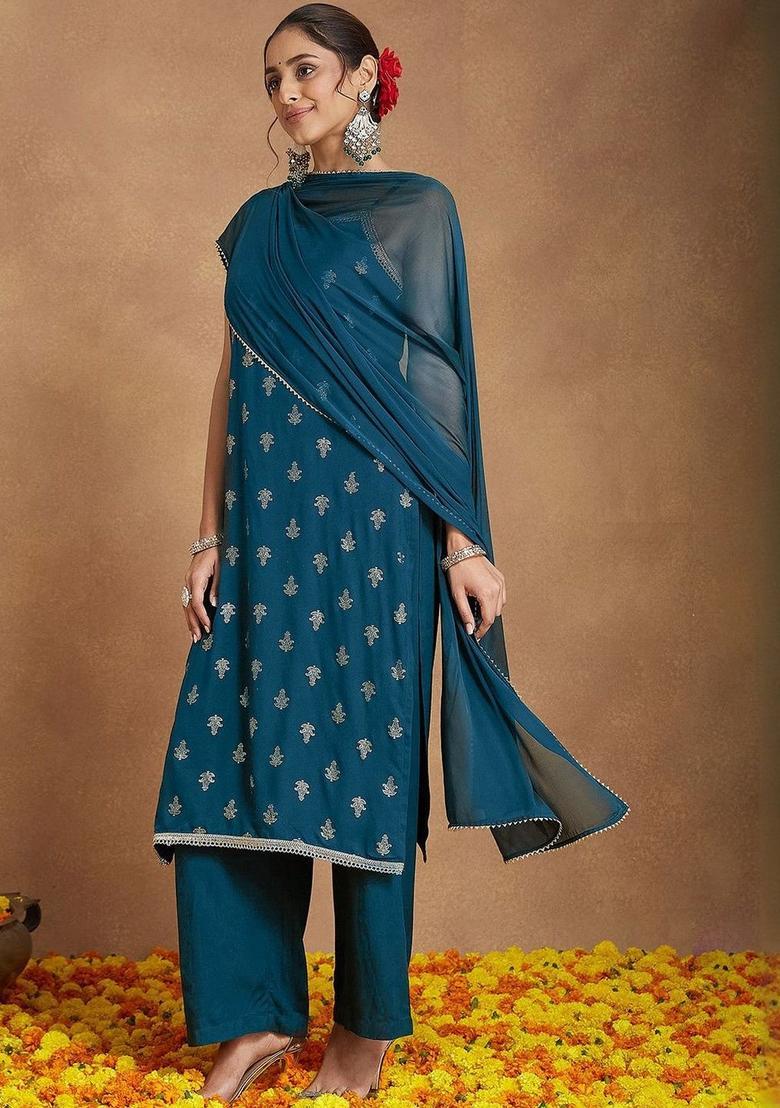 Teal Embroidered Viscose Straight Kurta Sets - Indya