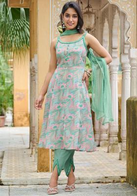 Green Printed Cotton Anarkali Sets