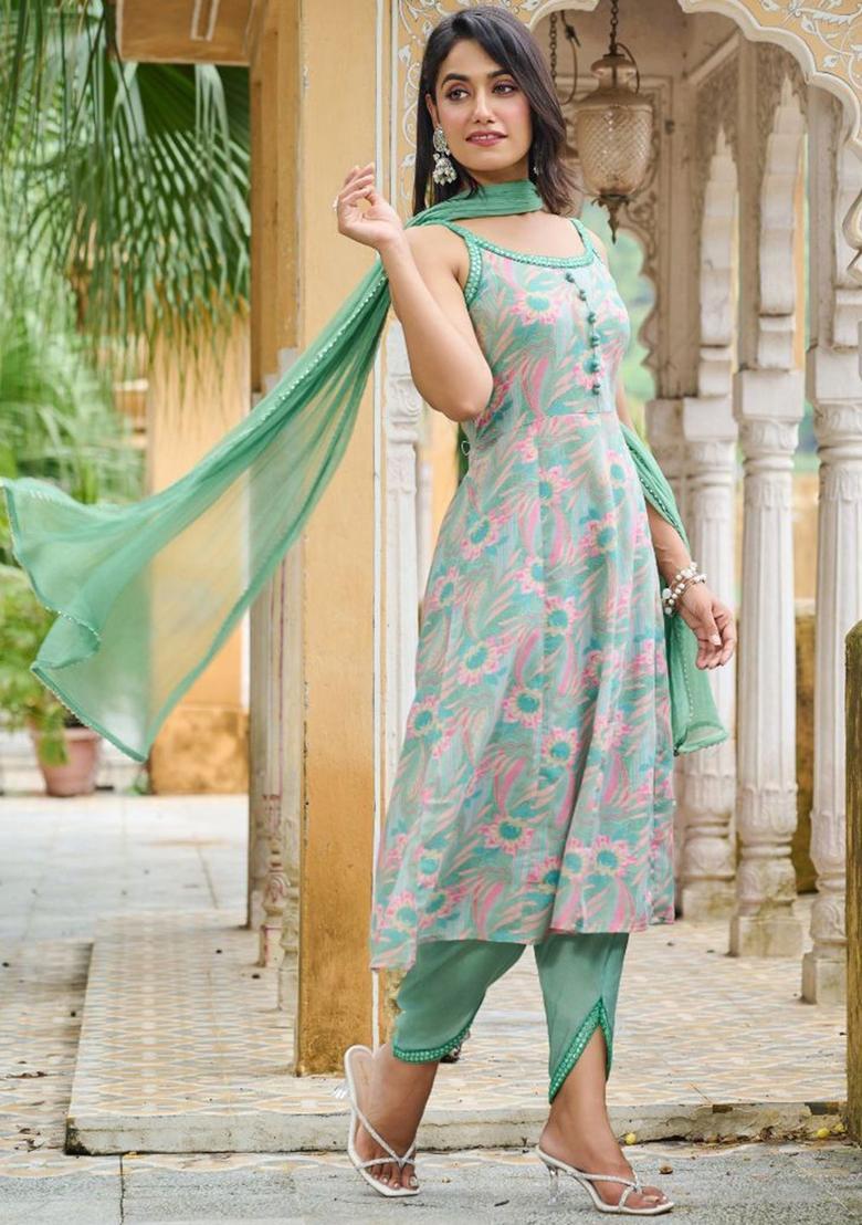 Green Printed Cotton Anarkali Sets - Indya