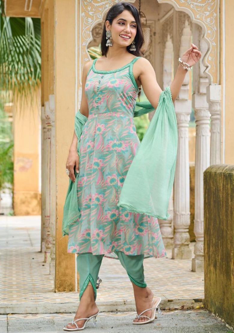 Green Printed Cotton Anarkali Sets - Indya