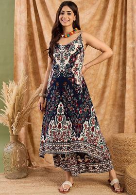 Navy Blue Printed Viscose A Line Kurta Sets